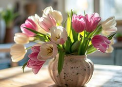 Rozświetlone kolorowe tulipany w wazonie na stole