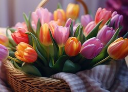 Rozświetlone kolorowe tulipany z materiałem w koszyku