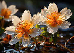 Rozświetlone lilie wodne pokryte kropelkami wody