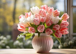 Rozświetlone różowe i białe tulipany w wazonie