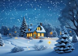 Zima, Dom, Drzewa, Śnieg, Grafika