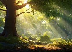 Drzewo, Las, Promienie słońca, Grafika