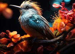 Ptak, Gałąź, Kwiatki, Światło, Grafika