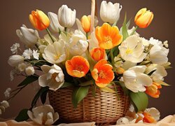 Rozwinięte białe i pomarańczowe tulipany w wiklinowym koszyku