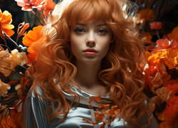 Rudowłosa dziewczyna wśród pomarańczowych kwiatów