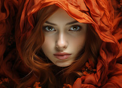 Rudowłosa kobieta w pomarańczowym nakryciu głowy