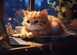 Rudy kotek leżący na książce przy laptopie