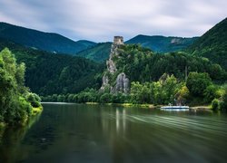 Góry, Drzewa, Ruiny, Zamek Strecno, Rzeka Wag, Strecno, Słowacja