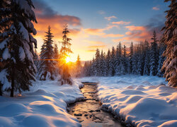 Rzeczka w zimowym lesie i zachód słońca
