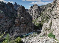 Góry, Skały, Rzeka Asco, Krzewy, Wąwóz Asco, Korsyka, Francja