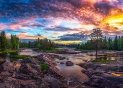 Rzeka Kiiminkijoki, Teren Koiteli, Kiiminki, Finlandia, Wschód słońca, Chmury, Las, Drzewa, Kamienie