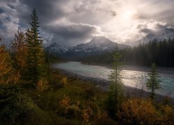 Kanada, Prowincja Alberta, Park Narodowy Jasper, Góry Skaliste, Rzeka, Miette River, Drzewa, Jesień, Ciemne, Chmury