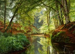 Malarstwo, Christian Zacho, Las, Rzeka, Drzewa, Roślinność, Odbicie