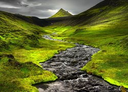 Wyżyny Islandii, Zielone, Łąki, Góra, Rzeka, Islandia