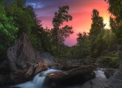 Rzeka przy skałach  w lesie o zachodzie słońca