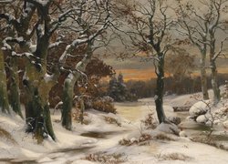 Obraz, Malarstwo, Zima, Las, Drzewa, Rzeka, Zachód słońca, Alois Arnegger