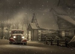 Samochód, Drewniany, Dom, Drzewa, Śnieg, Zima