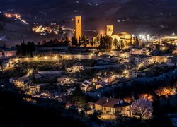 Noc, Domy, Oświetlone, Wieże, Kościół, Miejscowość, San Severino Marche, Włochy