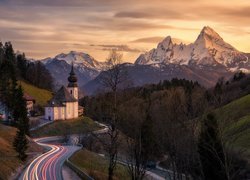 Kościół, Sanktuarium Maria Gern, Drzewa, Droga, Góry, Alpy Salzburskie, Berchtesgaden, Bawaria, Niemcy