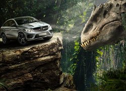 Film, Jurassic World, Dinozaur, Skała, Samochód, Mercedes-Benz GLE Coupe, Dżungla
