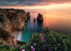Wybrzeże, Skały, Roślinność, Chmury, Zachód słońca, Morze, Ocean Atlantycki, Region Algarve, Portugalia