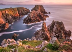 Morze, Skały, Wschód słońca, Roślinność, Hrabstwo Donegal, Irlandia