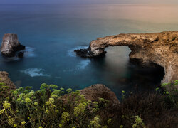 Morze, Zachód słońca, Skały, Łuk, Most skalny, Rośliny, Ajia Napa, Cypr