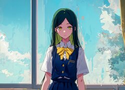 Smutna dziewczyna przy oknie w anime