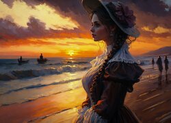 Smutna kobieta w kapeluszu na brzegu morza w malarstwie