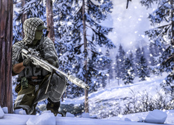 Gra, Battlefield 4, Żołnierz, Snajper, Drzewo, Zima, Las, Śnieg