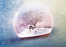 Śnieżna kula z domem, drzewem i bałwankiem w grafice