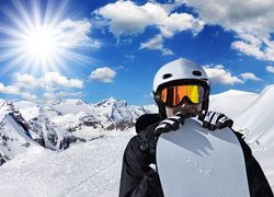 Mężczyzna, Góry, Snowboarding, Sport, Promienie słońca, Chmury, Zima