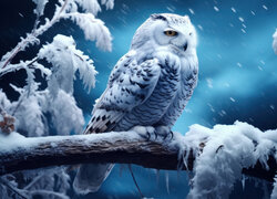Ptak, Biały, Sowa śnieżna, Gałązki, Śnieg, Zima, Grafika