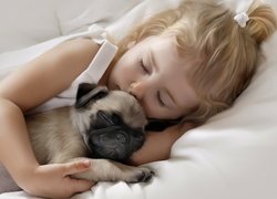 Śpiące, Dziecko, Dziewczynka, Pies, Mops, Grafika