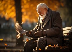 Starszy meżczyzna na ławce karmiący gołębia