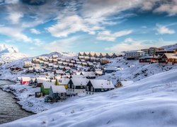 Grenlandia, Cieśnina Davisa, Miasto Nuuk, Zima, Domy, Góry