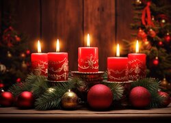 Stroik z bombkami i świecami na Boże Narodzenie