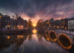 Holandia, Amsterdam, Kanał Leidsegracht, Kanał Keizersgracht, Rzeka, Most, Drzewa, Domy