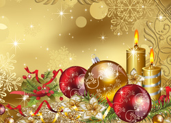 Świąteczny stroik z bombkami i świecami na złotym tle