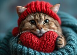 Szary kotek w czerwonej czapce i włóczkowym sercem