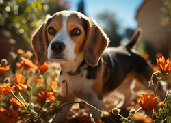 Szczeniak beagle i kwiaty na łące