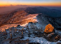 Wschód słońca, Góry, Baekdudaegan, Szczyt, Góra, Deogyusan, Szlak, Skała, Śnieg, Korea Południowa