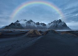 Islandia, Góra Vestrahorn, Plaża Stokksnes, Czarny, Piasek, Góry, Chmury, Tęcza