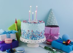 Urodziny, Prezenty, Tort, Świeczki, Balony, Czapeczki