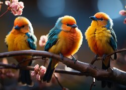 Trzy kolorowe ptaki na gałęzi