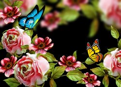 Trzy motyle na różach w 2D
