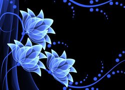 Trzy niebieskie kwiaty w grafice na czarnym tle