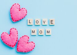Dzień Matki, Trzy, Serca, Napis, Love Mom, Błękitne tło