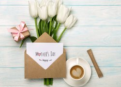 Dzień Matki, Tulipany, Filiżanka, Kawa, Prezent, Kartka, Koperta