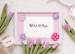 Kwiaty, Tulipany, Prezent, Różowa, Ramka, Napis, Dzień Matki